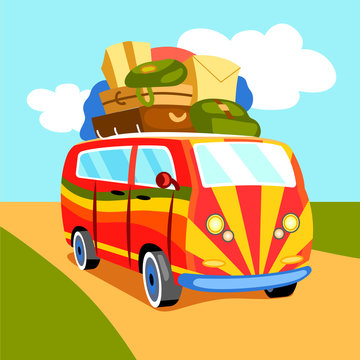 Traveling by minibus cartoon vector illustration