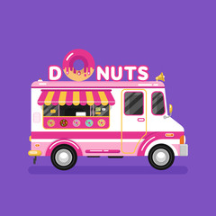 Flat design vector illustration of donuts car. Mobile retro vintage shop truck icon with signboard with big donut with tasty glaze. Van side view, isolated