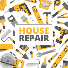 Home repair banner. Construction tools. Hand tools for home renovation and construction. Flat style, vector illustration.
