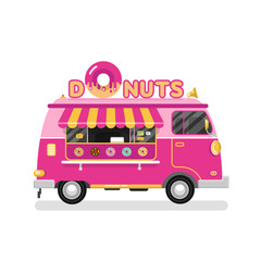 Flat design vector illustration of cartoon donuts car. Mobile retro vintage shop truck icon with signboard with big donut with chocolate glaze. Van side view, isolated on white background.