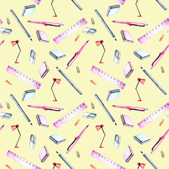 Seamless pattern with watercolor stationery objects, hand painted isolated on a yellow background