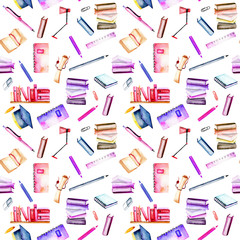 Seamless pattern with watercolor stationery objects, hand painted isolated on a white background