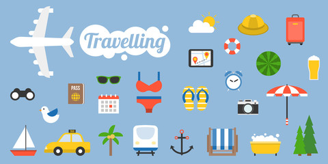 Traveling icon and elements in flat design style, holiday and vacation concept