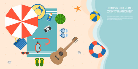 Aerial view of summer beach and sea with parasol, guitar, slippers, snorkel mask , towel, starfish and elements for summertime, flat design vector