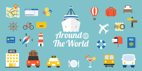 Travel around the world typographic and elements in flat design style, holiday and vacation concept