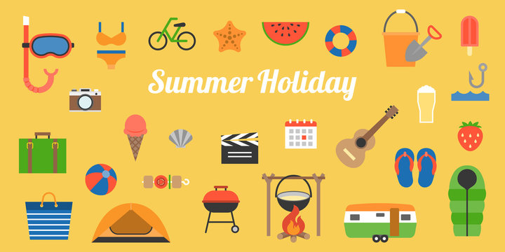 big set of summer holiday activities icon and elements such as camp fire, fishing, travel at beach and sea, flat design