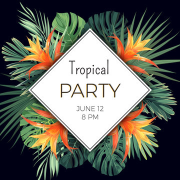 Summer party flyer design with tropical flowers and plants on the dark background.