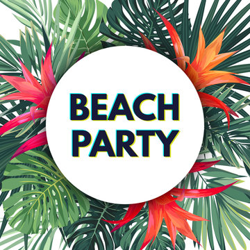 Bright vector floral banner template for summer beach party. Tropical flyer with green exotic palms and red flowers.