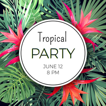 Customizable vector floral design template for summer party. Tropical flyer with green exotic plants and red flowers.