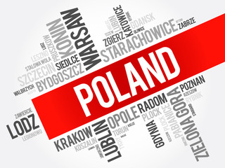 List of cities and towns in Poland, word cloud collage, business and travel concept background