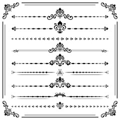 Vintage set of decorative black elements. Horizontal separators in the frame. Collection of different ornaments