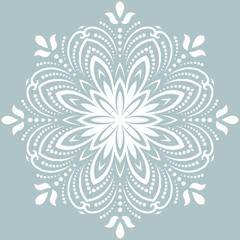 Elegant round white ornament in the style of barogue. Abstract traditional pattern with oriental elements