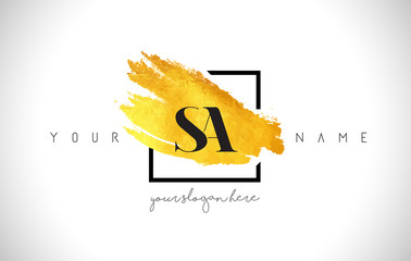 SA Golden Letter Logo Design with Creative Gold Brush Stroke - obrazy, fototapety, plakaty