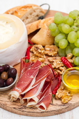 appetizer cheese with smoked meat on board
