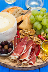 appetizer cheese with smoked meat on board