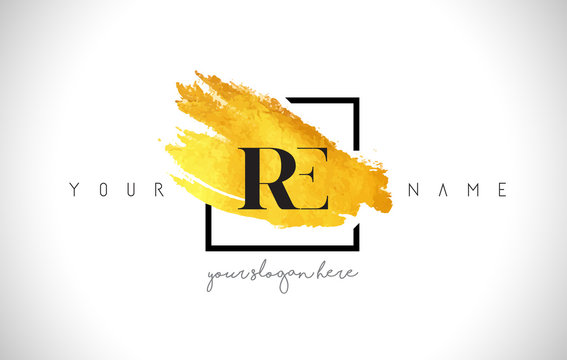 RE Golden Letter Logo Design with Creative Gold Brush Stroke