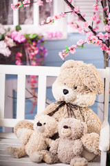 Teddy bears and Bunny sitting on a white bench. Blooming oriental cherry at the background. Friendship and childhood symbols.