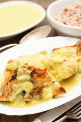 chicken with sauce on white dish