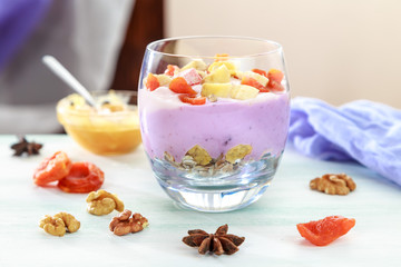 yogurt with muesli and pieces of fruit