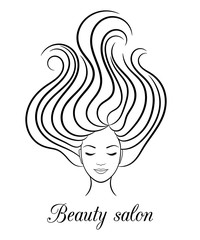Contour logo for beauty salon with woman with closed eyes and hair in wind