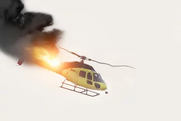 Foto auf Acrylglas Antireflex Air Crash. Burning falling helicopter © Bokehstore