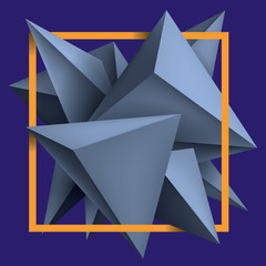Obrazy na Plexi  Objętość kształtów geometrycznych, niebieskie kryształy 3d na fioletowym tle. Kompozycja obiektu streszczenie niskie wielokąty. Jasny pomarańczowy kwadrat ramki. Forma projektu wektorowego