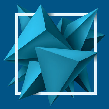 Volume geometric shapes, blue 3d crystals. Abstract low polygons object composition. White square frame. Vector design form