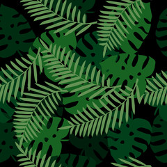 Palm pattern. Monstera leaves. Tropical leaves seamless background.  Trendy colors for textile or book covers, manufacturing, wallpapers, print, gift wrap and scrapbooking. 