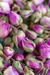 dried rose buds on turquoise wooden surface