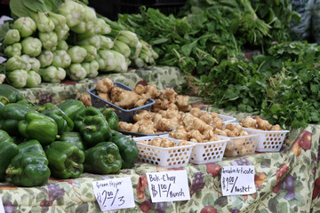 Agriculture and farming background. Display with homegrown organic vegetables for healthy eating at agricultural fair. Horizontal composition, shallow depth of field.
