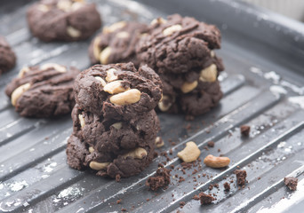 Delicious chocolate cookies with nuts on a baking tray