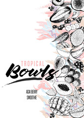 Vector smoothie bowls banner. Banana, acai, lychee, mango, pitaya, papaya, figs. Hand drawn tropical fruits.