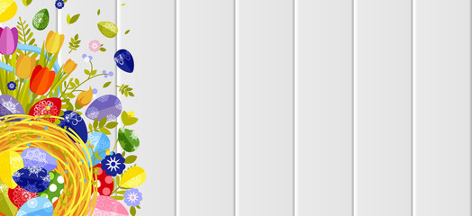 Happy Easter background colored eggs, spring decoration, leave, tulip flower design element in flat style