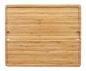 Bamboo cutting board with copy space. High angle view.