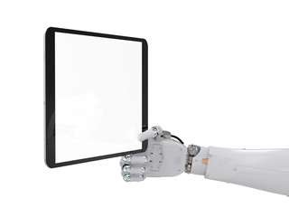 robotic hand holding blank screen