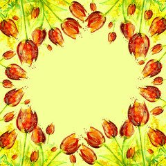 Watercolor vintage postcard, card, frame. With a picture of spring flowers. Garden plants, tulip, mimosa. Red and yellow. Painting