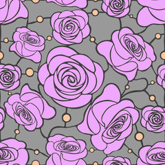 Seamless floral mosaic pattern with pink roses on gray background with dots