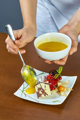 Chef pours syrup cupcake cooking process