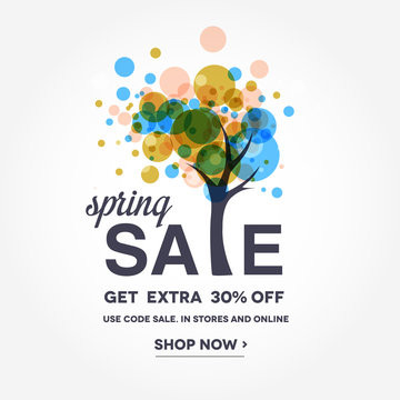 Spring Sale Banner with Flowering Tree,Sale Poster, Sale Flyer, Sale Vector. 30% Off, Vector illustration.
