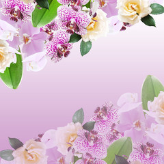 Beautiful floral background of yellow roses and purple orchids 