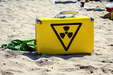 Yellow Suitcase.Large yellow polycarbonate suitcase.Travel holiday vacation suitcase on the...