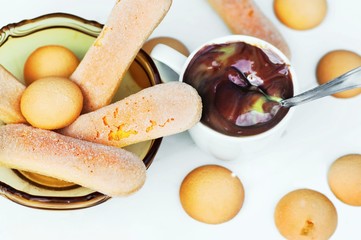 Ladyfinger biscuit, bowl, chocolate mousse