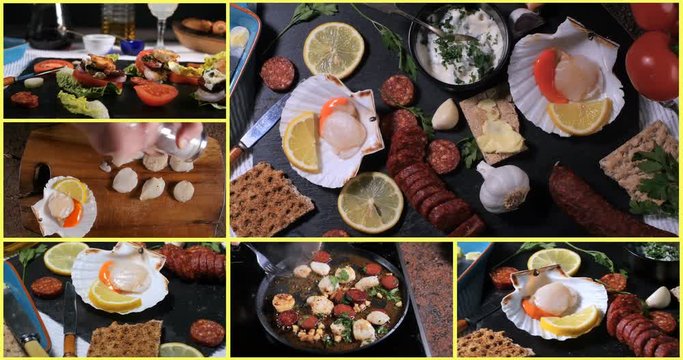 Collage of different views of the preparation of scallops with chorizo in garlic mayonnaise