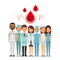 Obraz premium blood drops and professional medical people over white background. colorful design. vector illustration