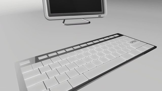 Seamless looping 3D animation of a computer keyboard with an open key pressed blue and chrome version 