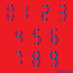 Electronic figures. Green dial isolated on a black background. Numbers - 0, 1, 2, 3, 4, 5, 6, 7, 8, 9. LCD numbers set for a digital watch and other electronic devices. Vector illustration.