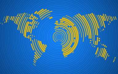 Abstract world map of radial lines, technology style. Vector