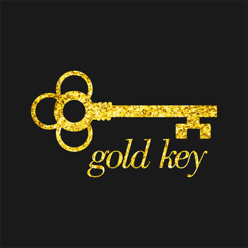 Golden key with gold glitter on  black background