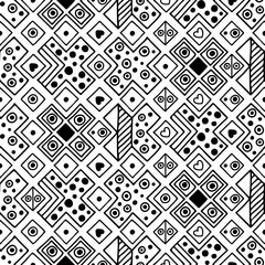 Fototapeta premium Seamless vector pattern. Black and white geometrical background with hand drawn decorative tribal elements. Print with ethnic, folk, traditional motifs. Graphic vector illustration.