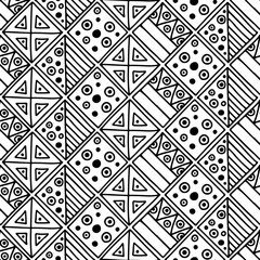 Seamless vector pattern. Black and white geometrical background with hand drawn decorative tribal elements. Print with ethnic, folk, traditional motifs. Graphic vector illustration.